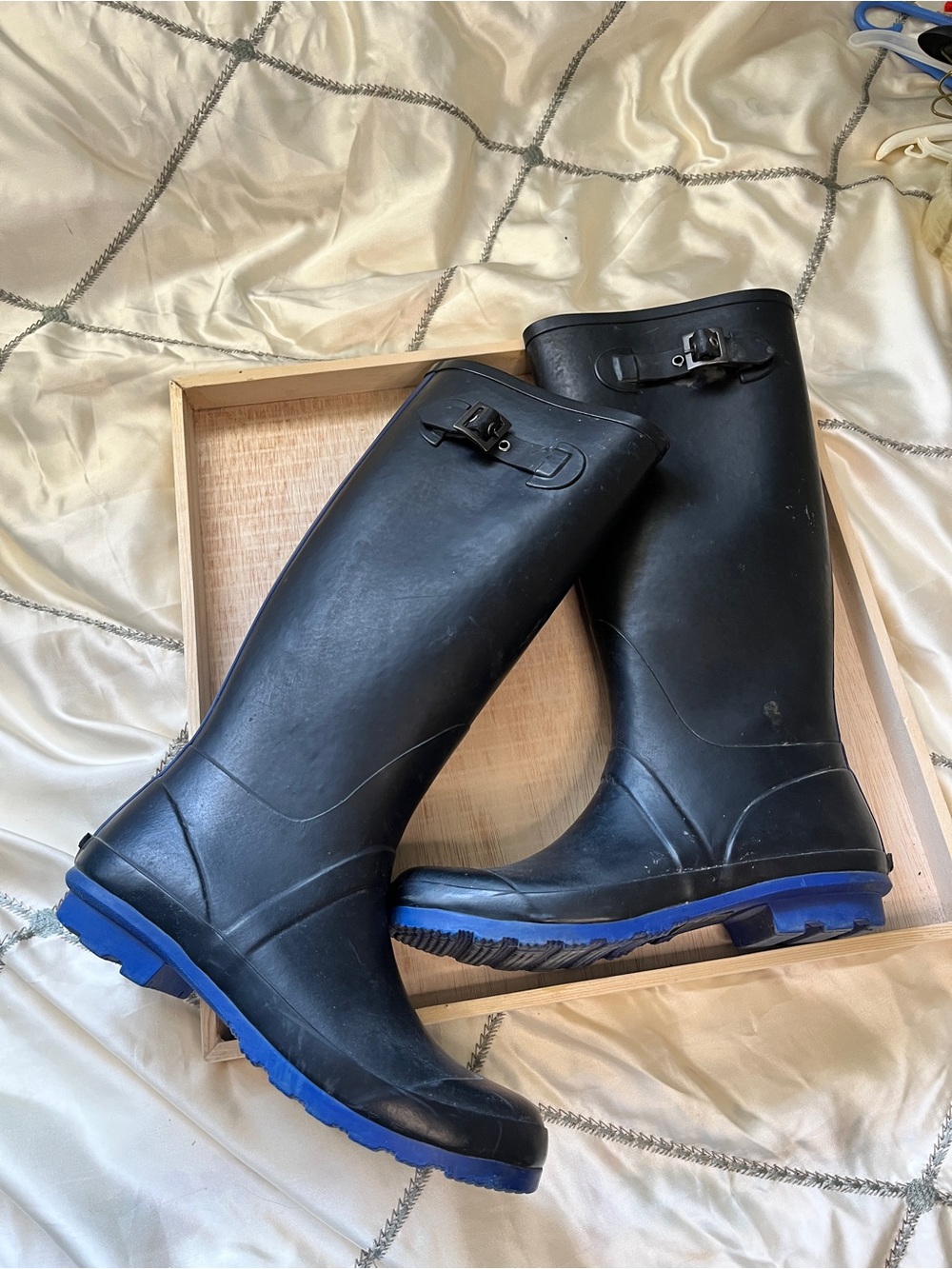 Aldo Black Rain Boots with Blue Soles